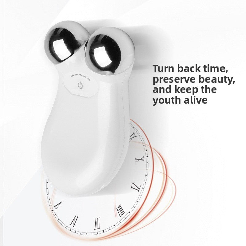 White facial roller with text 'Turn back time, preserve beauty, and keep the youth alive' on a white background