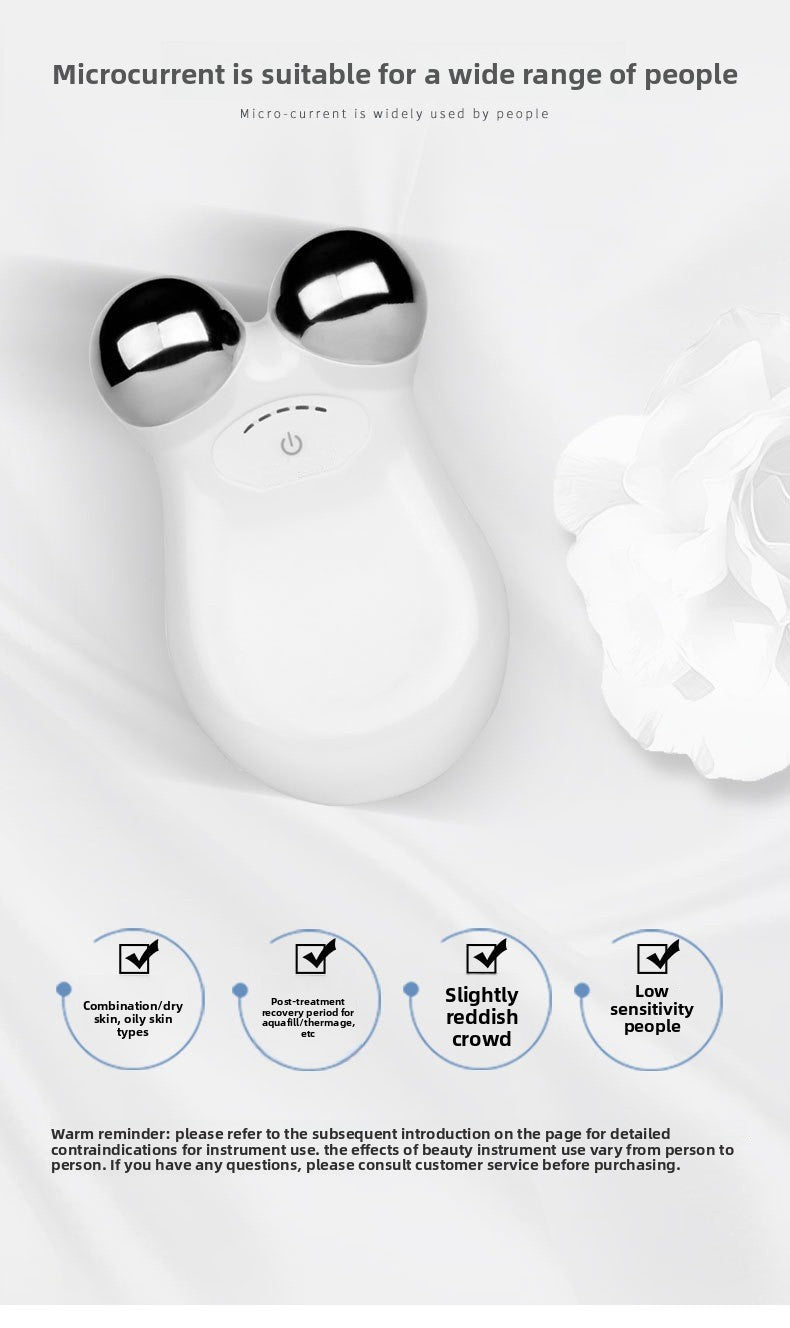 White beauty device with silver accents on a light gray background, featuring text about its suitability for various people.